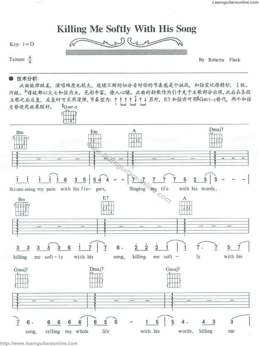 Killing Me Softly With His Song by Roberta Flack Guitar Tabs Chords Solo Notes Sheet Music Free