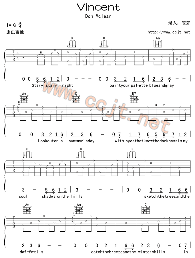 Vincent By Don Mclean Guitar Tabs Chords Sheet Music Free Learnguitarsonline Com