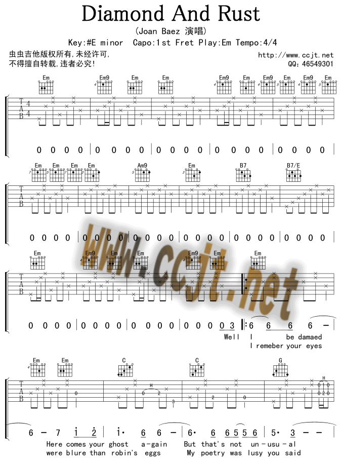 Diamond And Rust by Guitar Tabs Chords Sheet Music Free | LearnGuitarsOnline.com